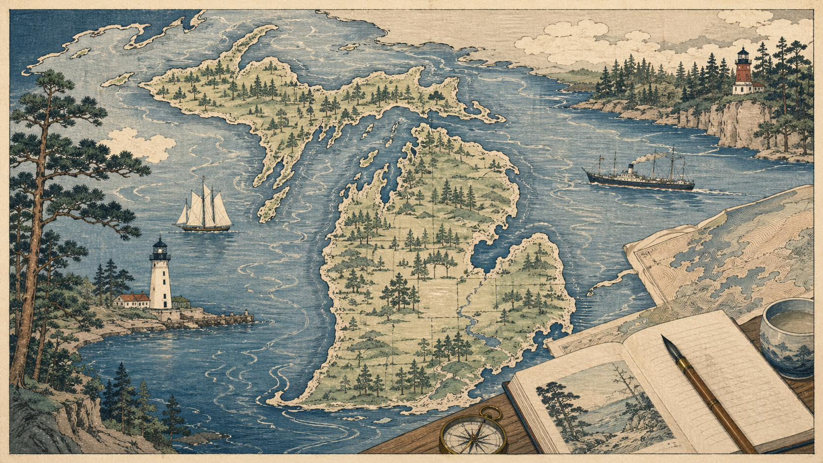 Michigan.co.jpの編集方針を描いた日本木版画風イメージ