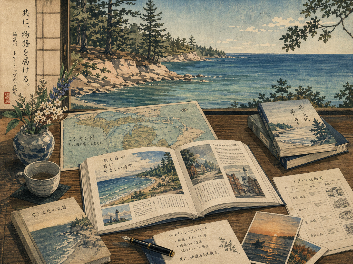 ミシガンの湖と編集机、広告提携の資料を描いた日本木版画風イメージ