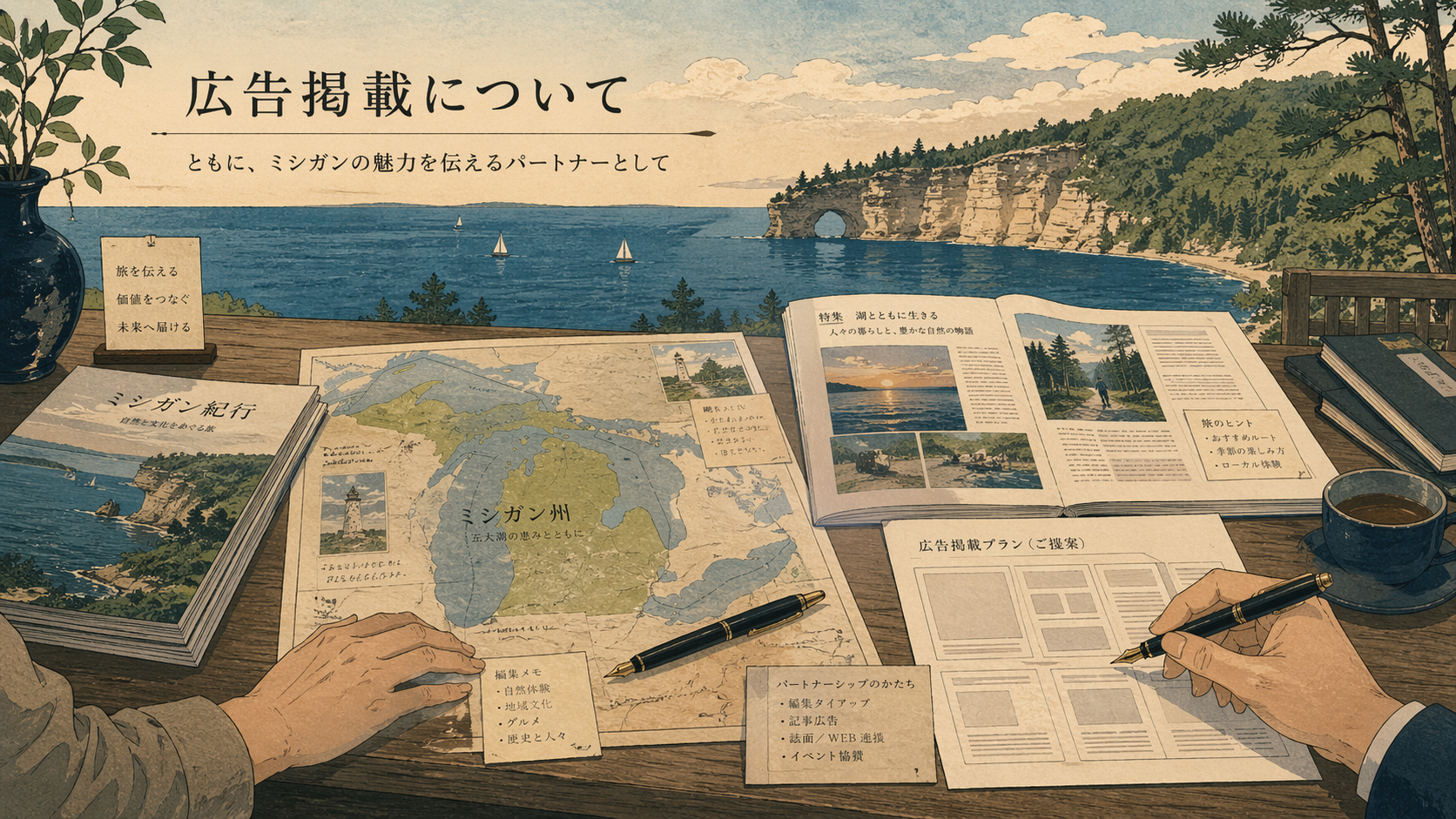 五大湖とミシガン旅行マガジンの広告提携を描いた日本木版画風イメージ