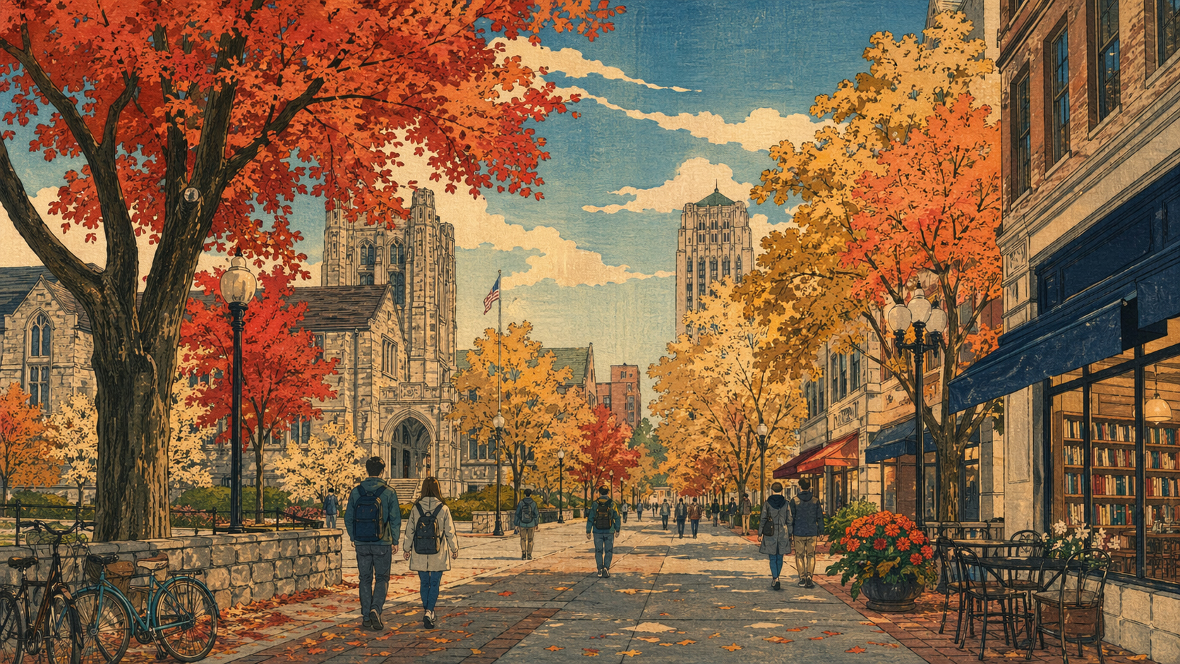 秋のアナーバーの大学町を描いた日本木版画風イメージ