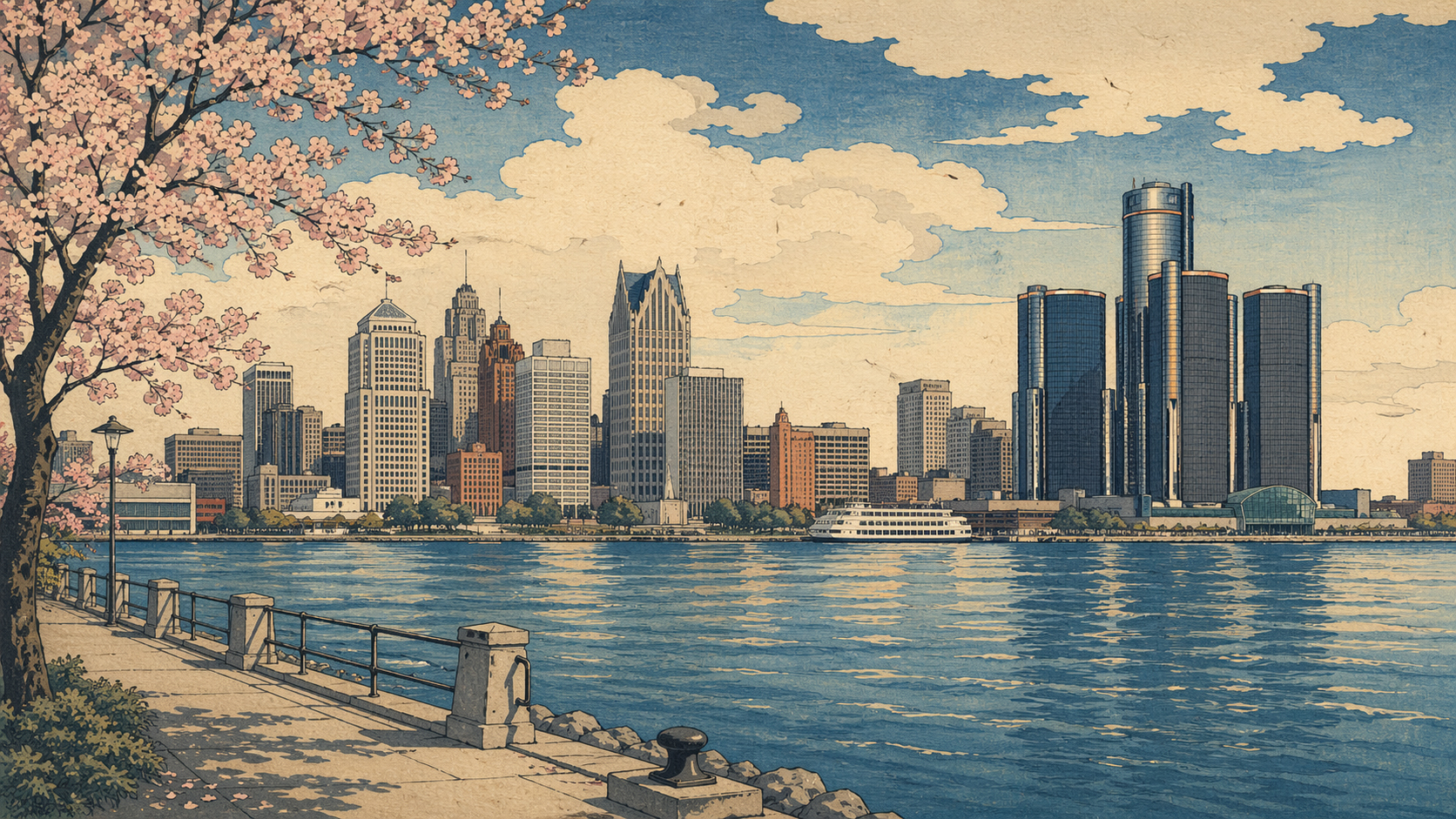 デトロイトの川沿いと街並みを描いた日本木版画風イメージ
