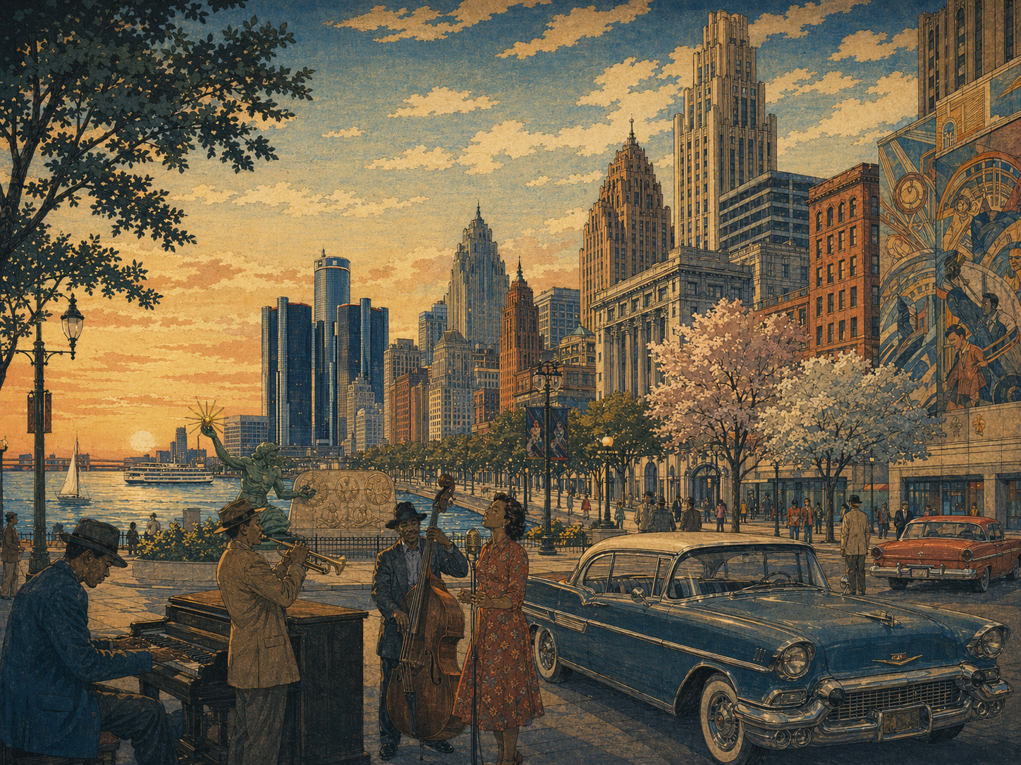 デトロイトの建築、川、音楽の記憶を描いた日本木版画風イメージ