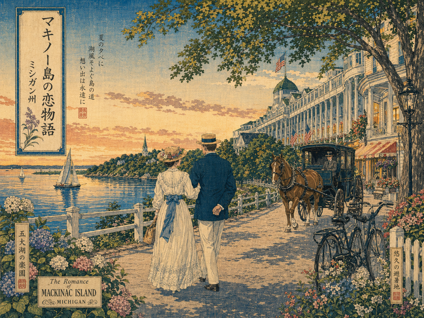 マキナック島の馬車、湖風、歴史あるホテルを描いた日本木版画風イメージ
