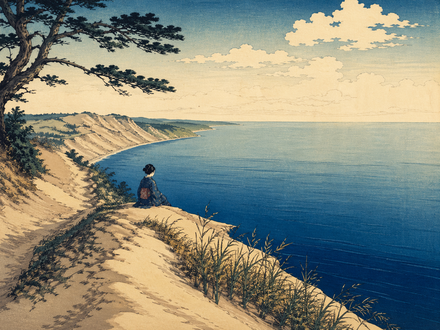 スリーピング・ベア・デューンズとLake Michiganの青を描いた日本木版画風イメージ