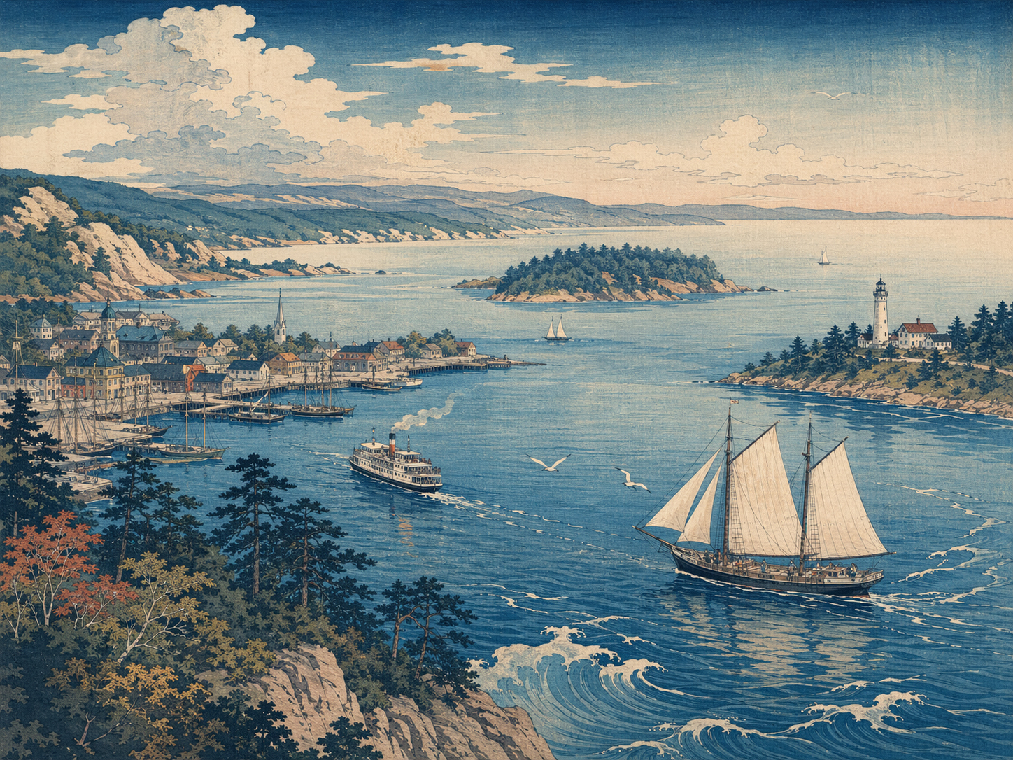 五大湖に抱かれたミシガンを水の文明圏として描いた日本木版画風イメージ