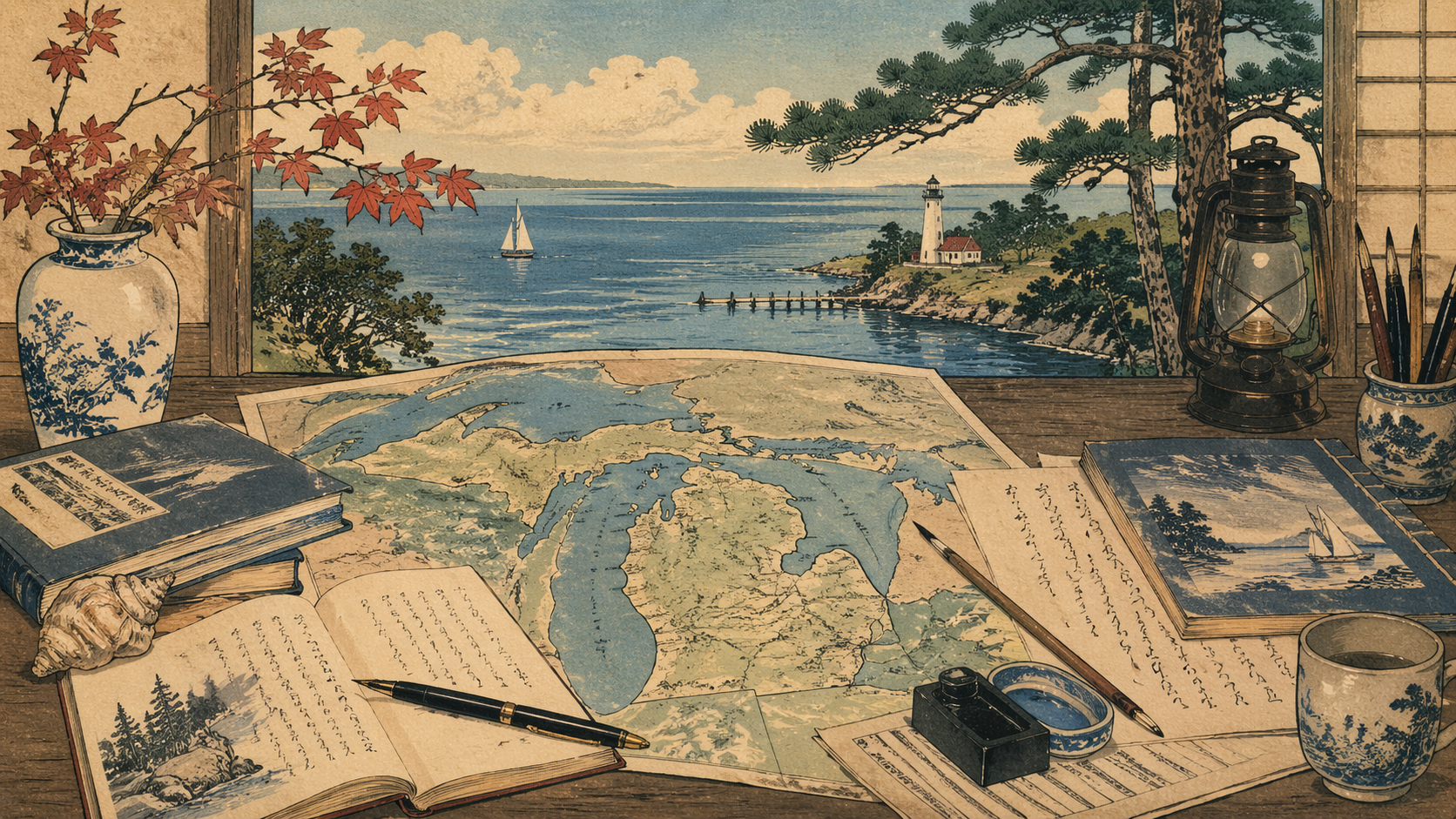 ミシガンの地図、湖、旅のノートを日本木版画風に描いた編集室イメージ
