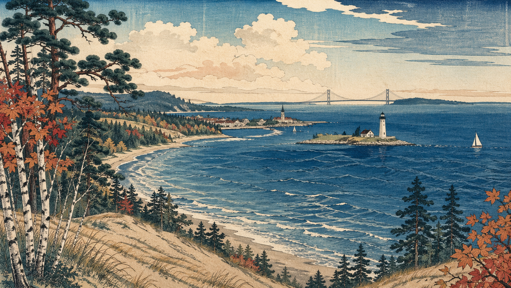 五大湖とミシガンの旅を特集記事風に描いた日本木版画風イメージ