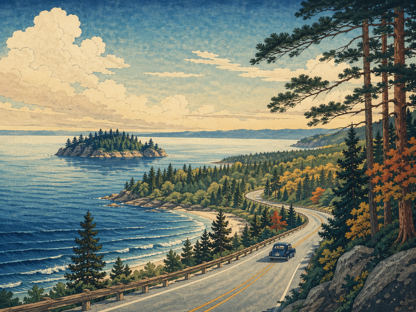 湖沿いの道路、島、森を結ぶミシガンの読書的ロードトリップを描いた日本木版画風イメージ