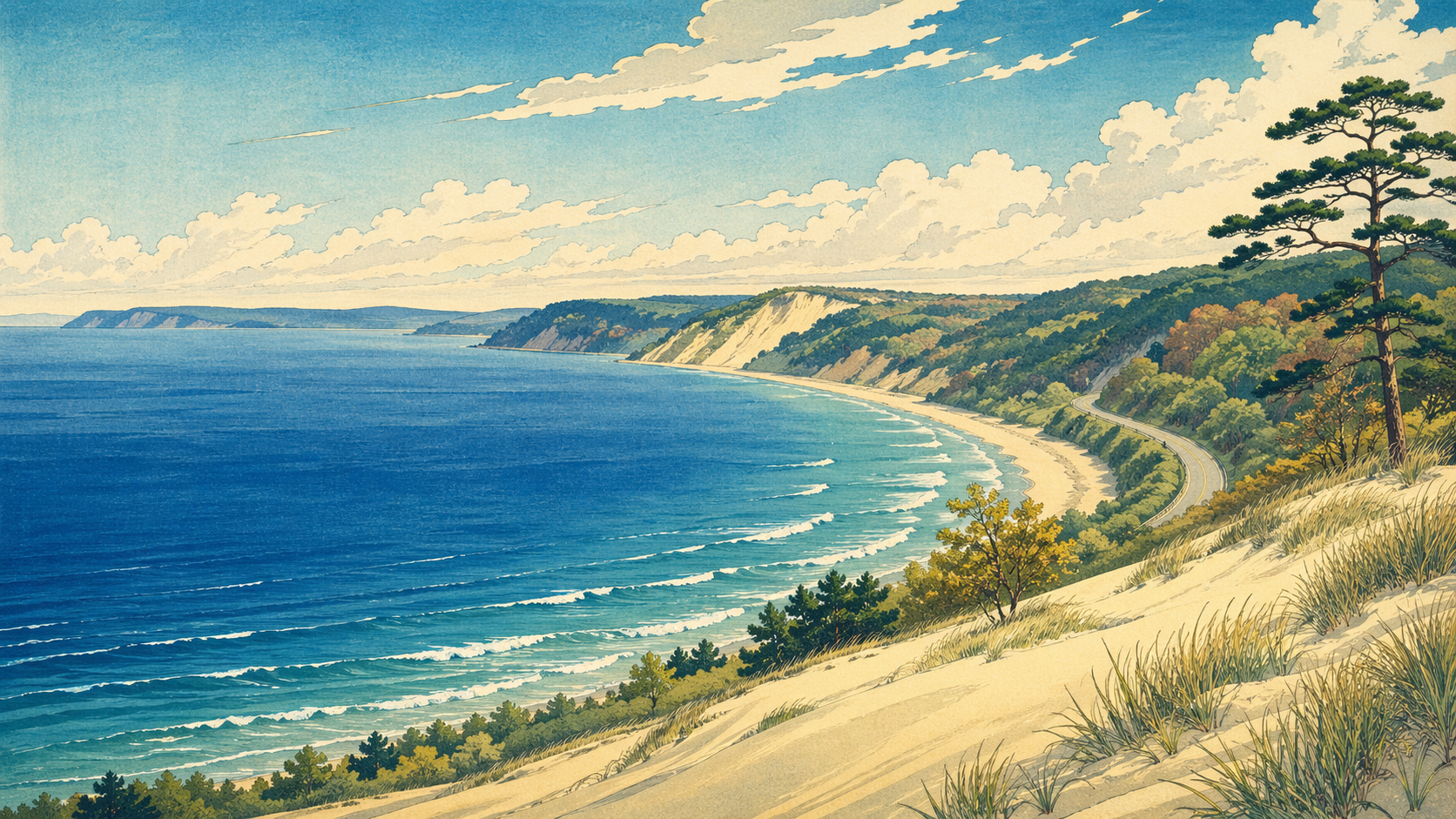 五大湖の水辺とミシガンの風景を描いた日本木版画風の旅情あるイメージ