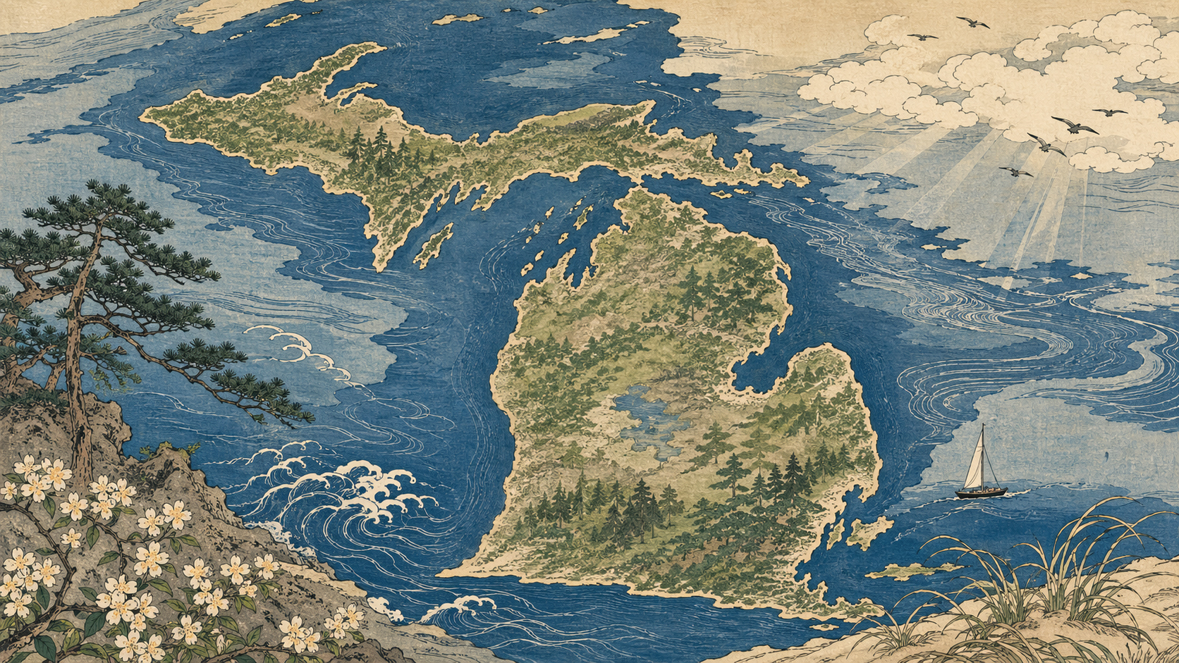 五大湖に囲まれたミシガン州を日本木版画風に描いた旅の導入イメージ