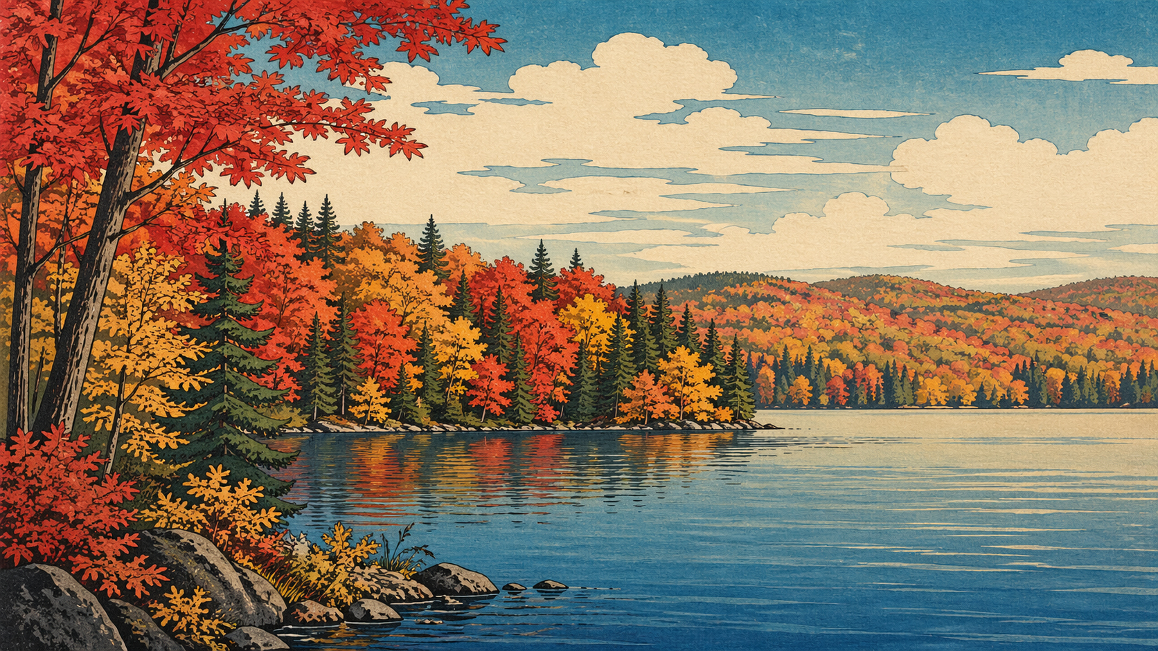 秋の湖と森を描いたミシガンの日本木版画風イメージ