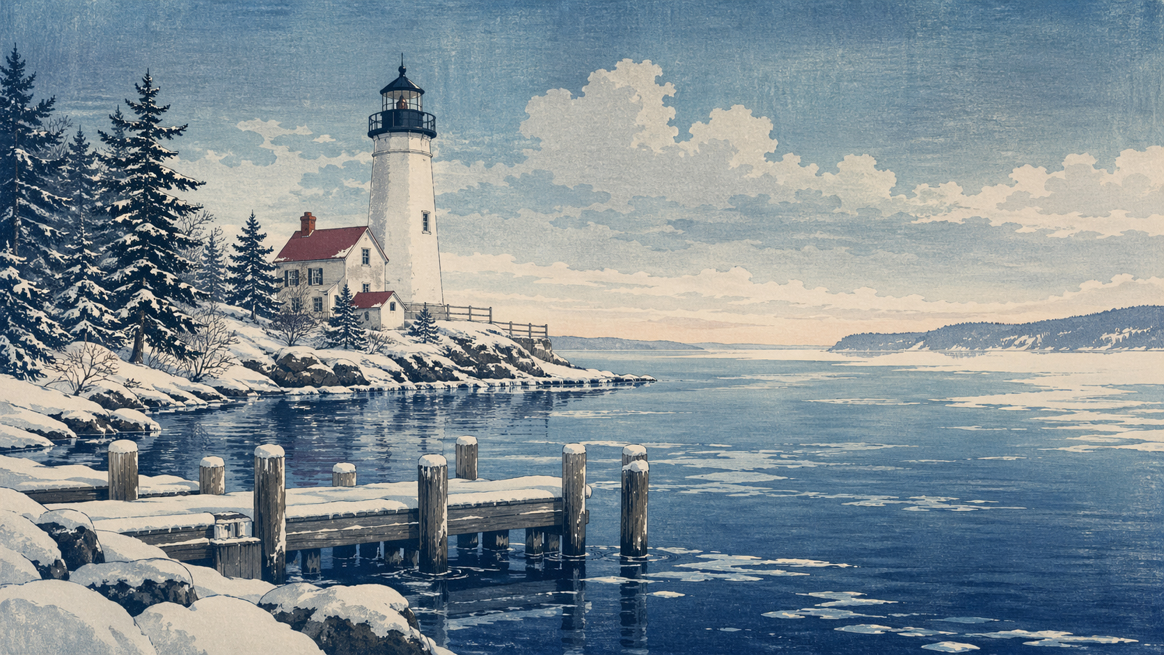 冬の港町と灯台を描いたミシガンの日本木版画風イメージ