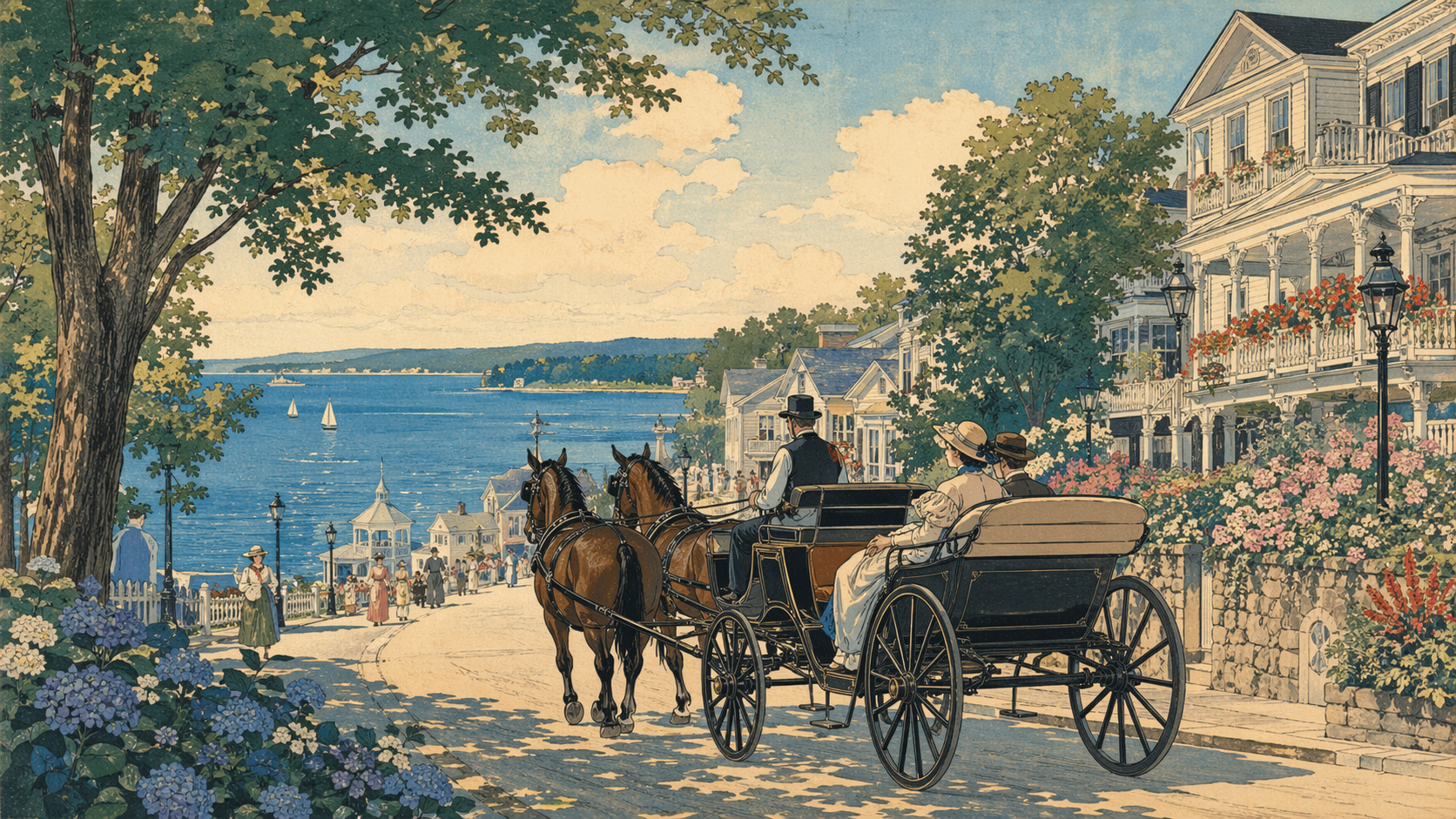 マキナック島の馬車と湖辺を描いた日本木版画風イメージ