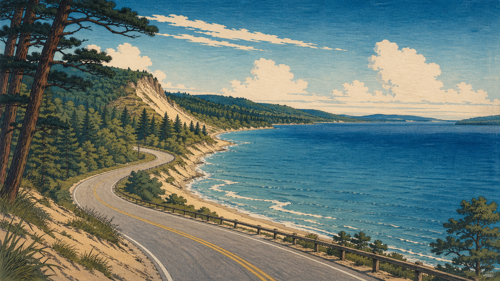 湖沿いを走るミシガンのロードトリップを描いた日本木版画風イメージ