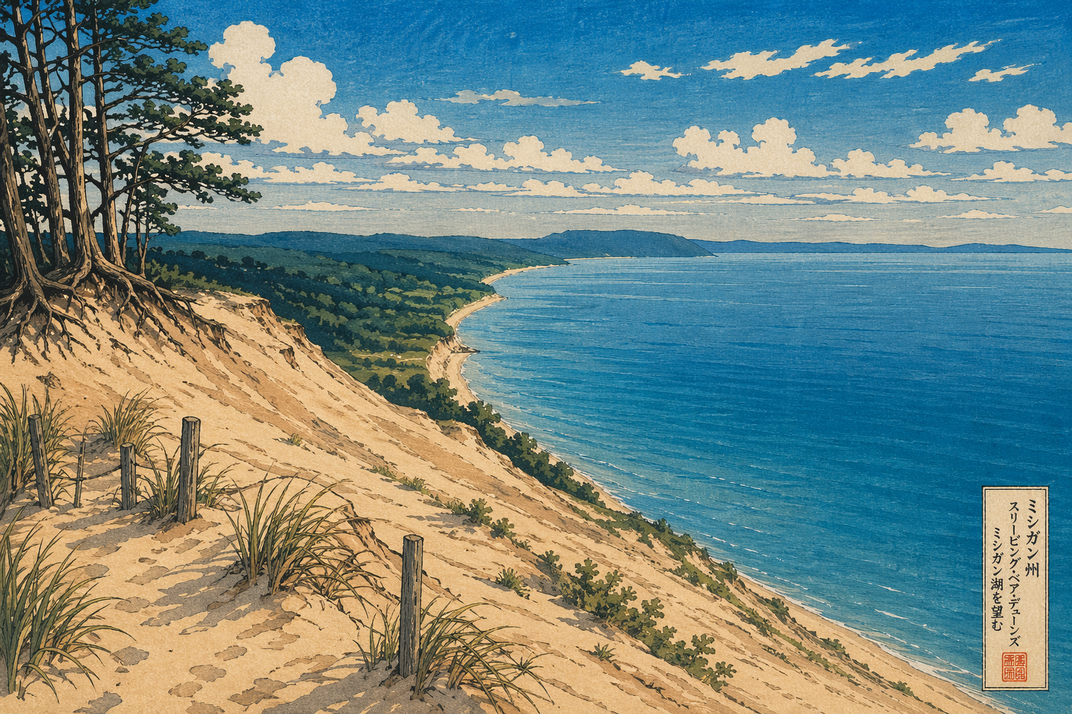 スリーピング・ベア・デューンズから湖を望む日本木版画風イメージ