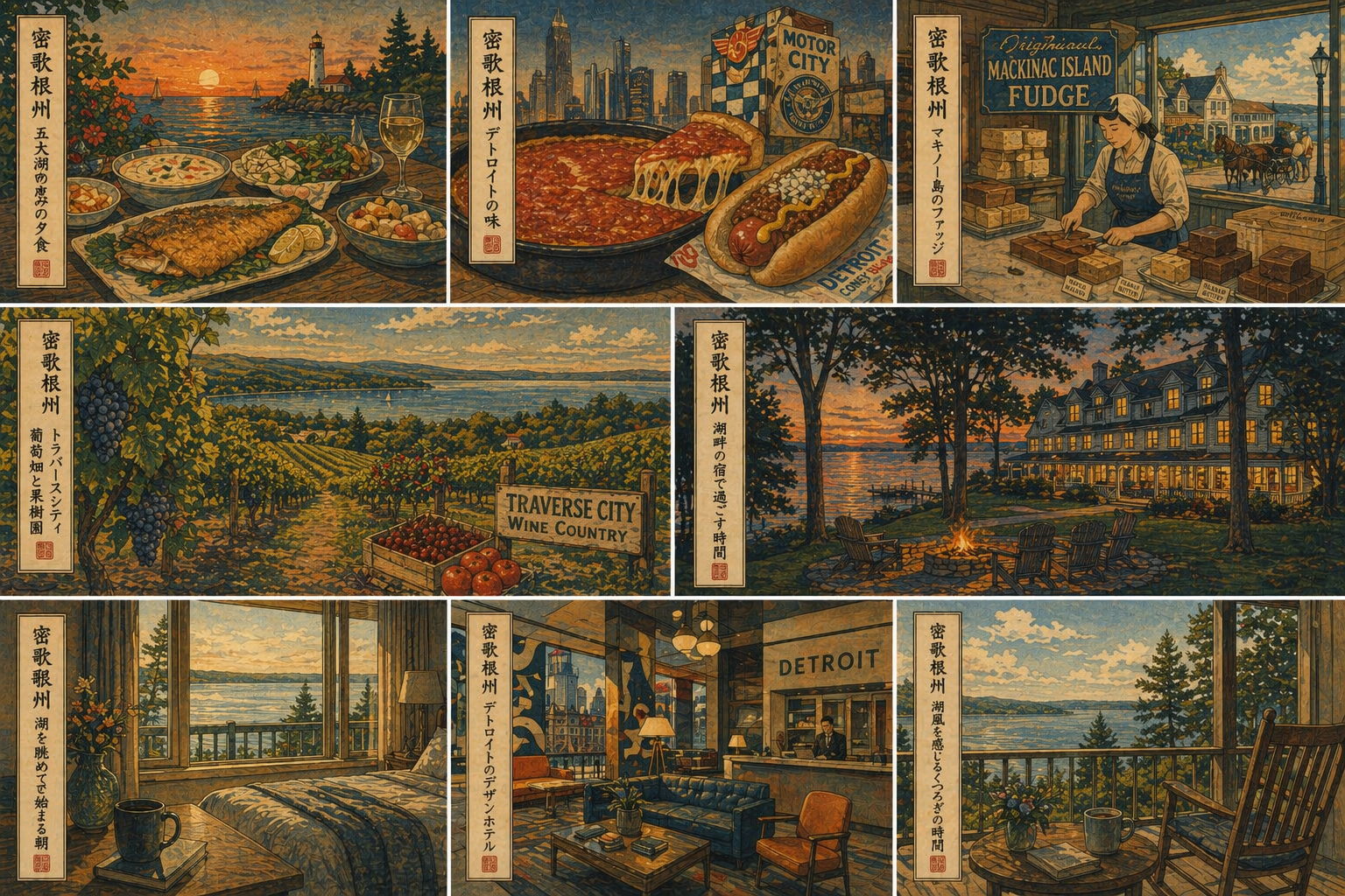 デトロイトのデザインホテルと夜の街並みを描いた日本木版画風イメージ