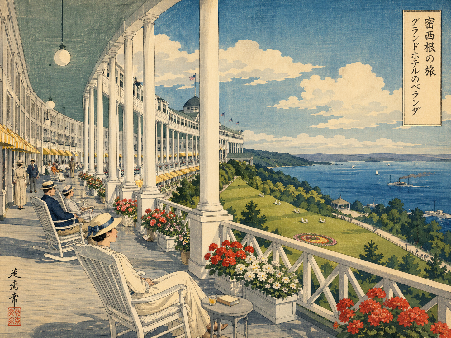 マキナック島の歴史あるホテルと長いベランダを描いた日本木版画風イメージ