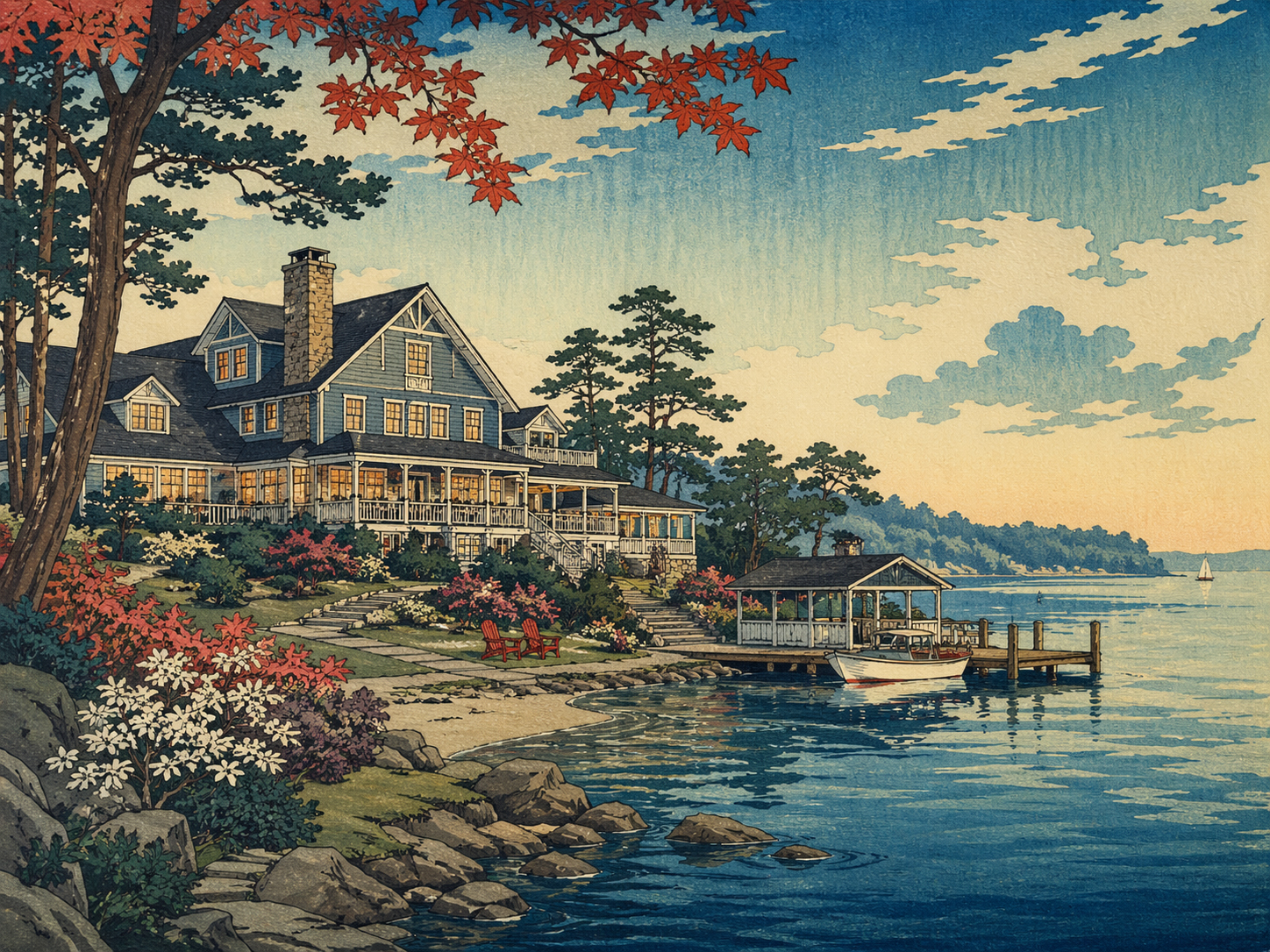 湖辺の宿と夕暮れの水面を描いたミシガンの日本木版画風イメージ