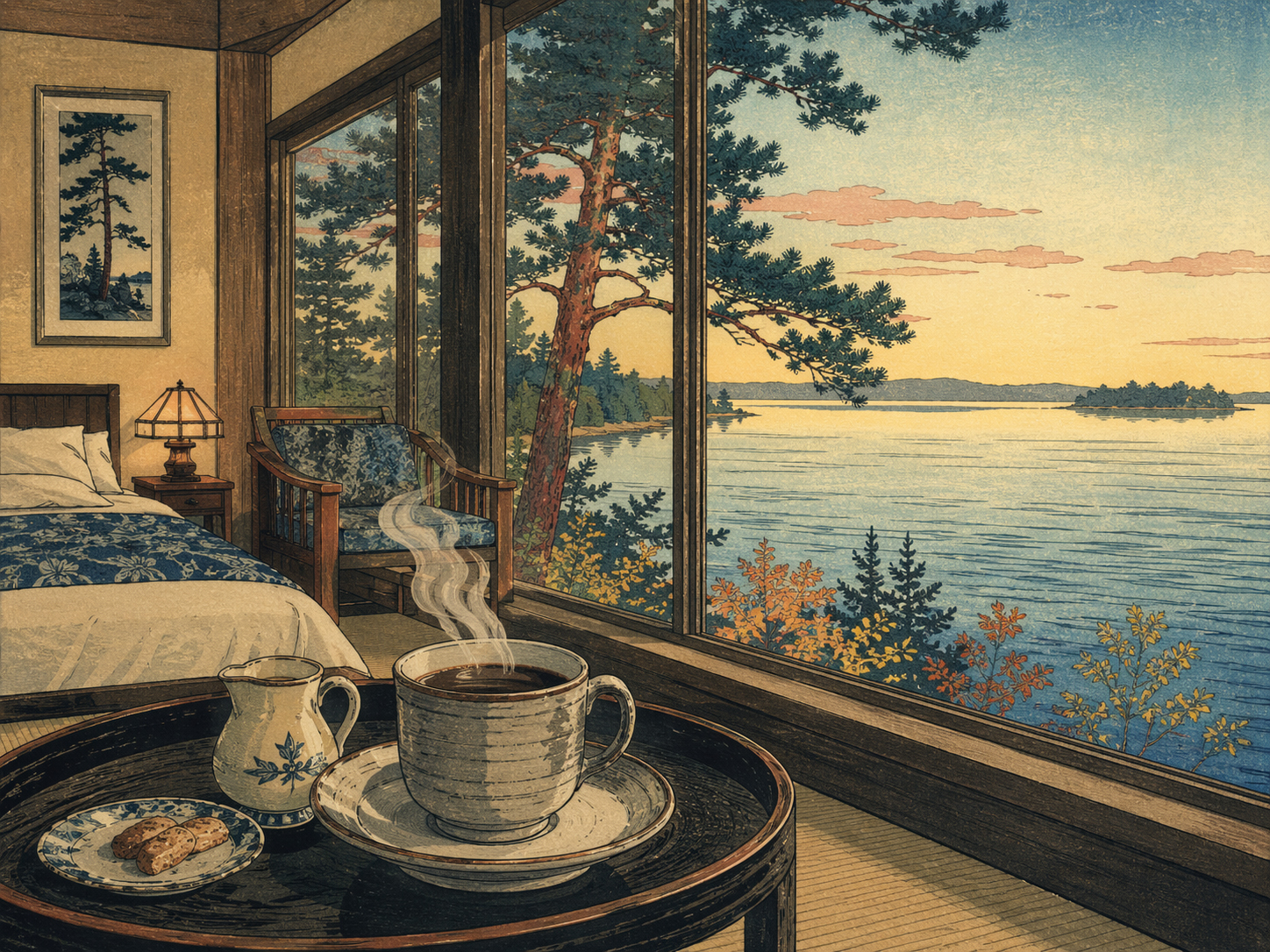 湖を望む窓辺と朝のコーヒーを描いたミシガンの日本木版画風イメージ