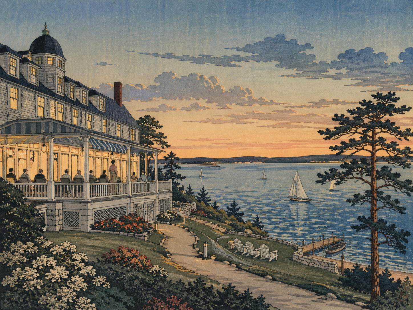 トラバースシティの湖辺ホテルと湾を描いた日本木版画風イメージ