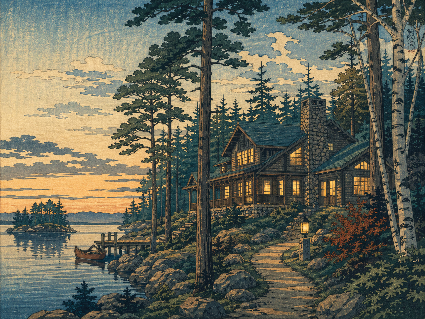アッパー半島の森のロッジと湖の朝を描いた日本木版画風イメージ