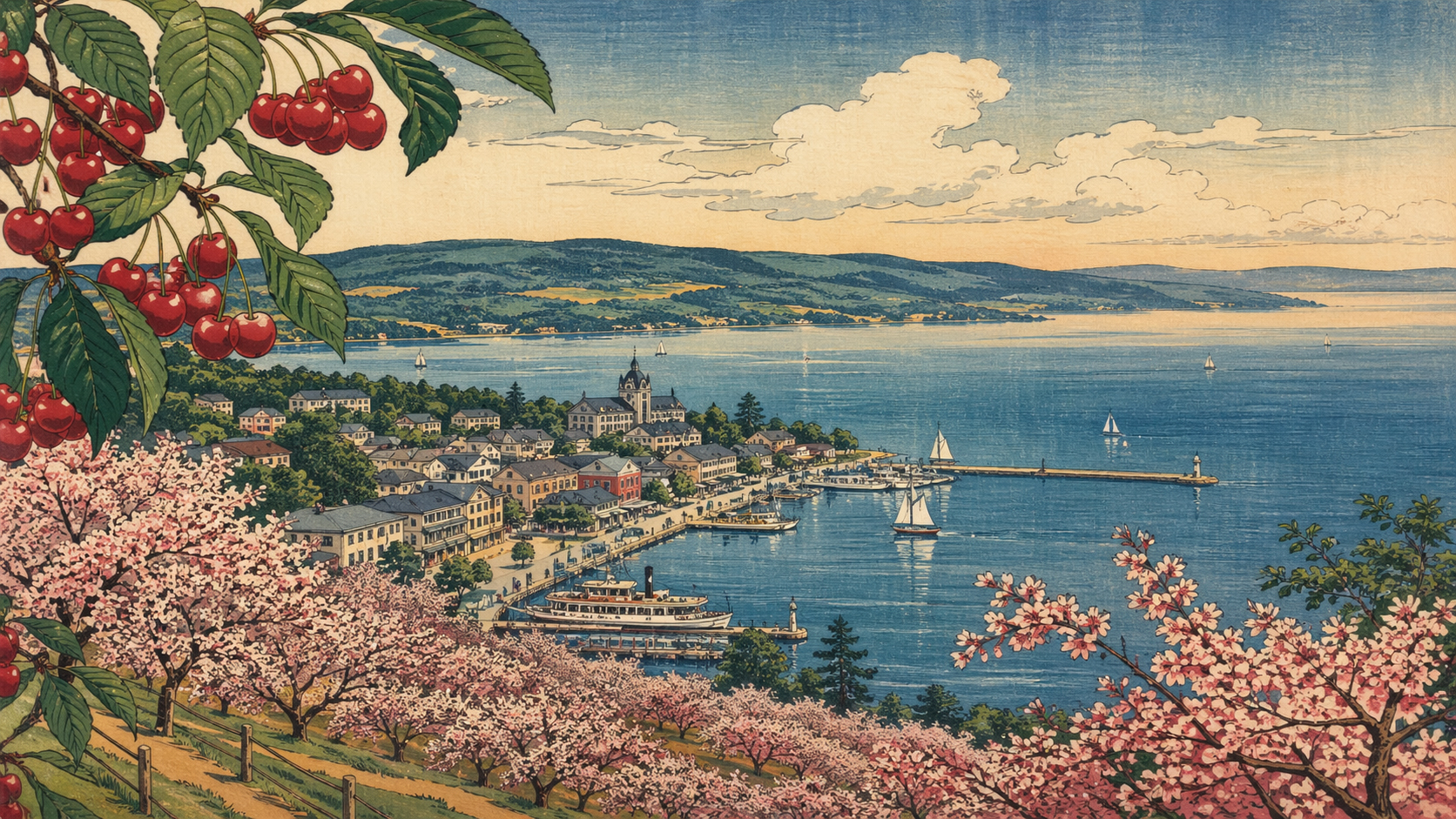 トラバースシティの湖岸とチェリー畑を描いた日本木版画風イメージ