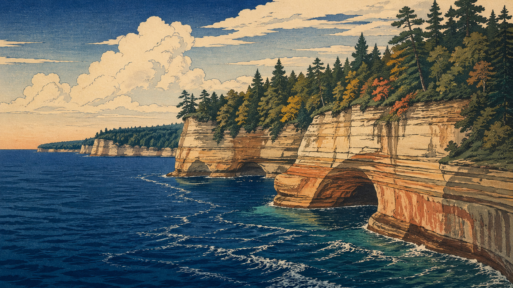 アッパー半島の湖岸断崖と森を描いた日本木版画風イメージ